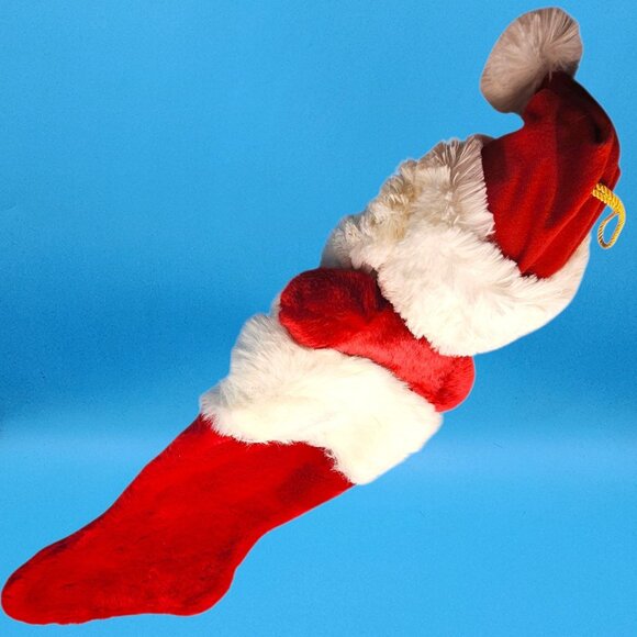 Vintage 1990s Santa Plush Stocking Furry Santa Face Gold Glasses Plaid Bow 26" - Picture 5 of 11